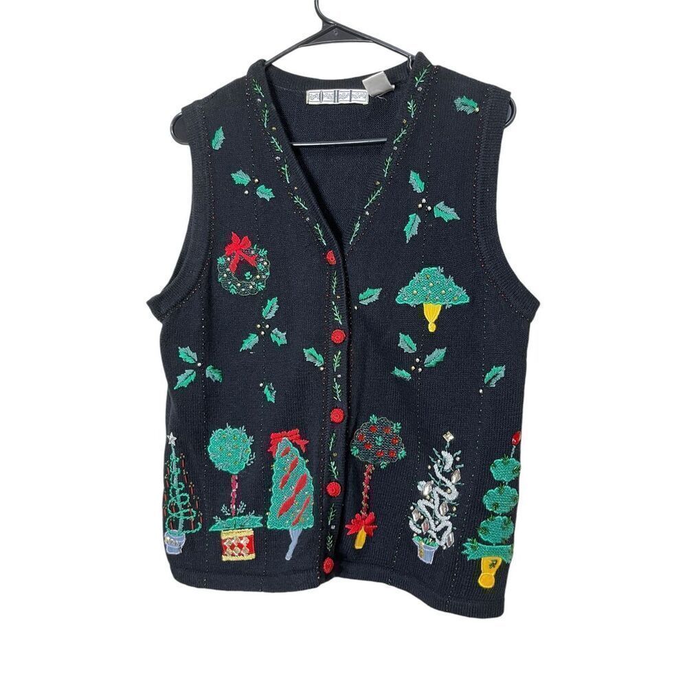 Vintage OHI Christmas Sweater Vest beaded‎ Embroidery Size Small